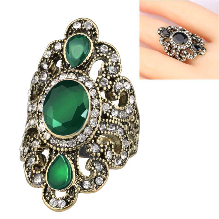 Vintage Ethnic Style Exquisite Carved Inlaid Acrylic Resin Hollow Ring, Ring Size:8(Green)