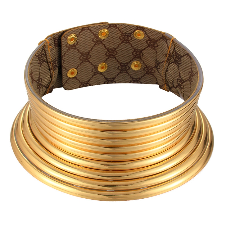 Vintage Statement Choker Necklace Women Leather Collar, Color: Outer Gold Inner Browm