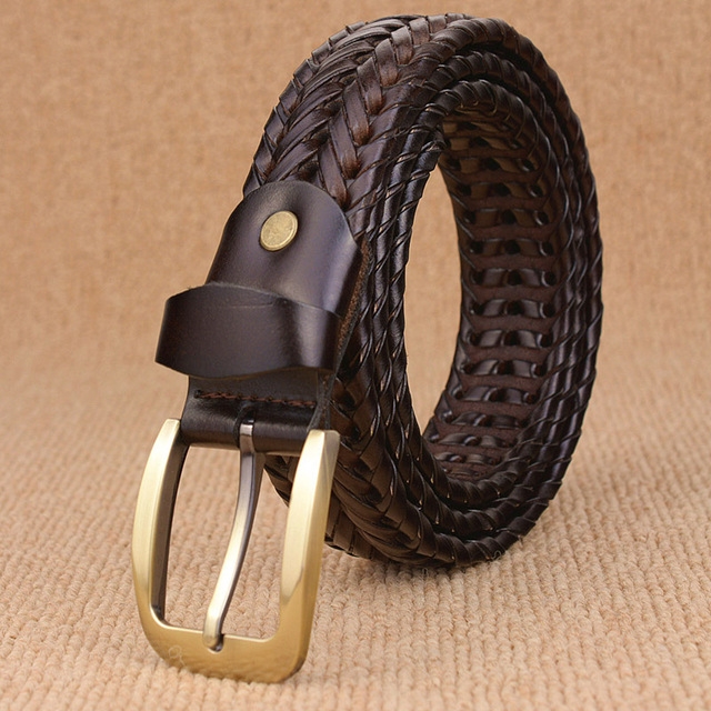Wide Edition Hand Woven Lacquered Genuine Leather Waistband for Men, Belt Length:105cm(Coffee)
