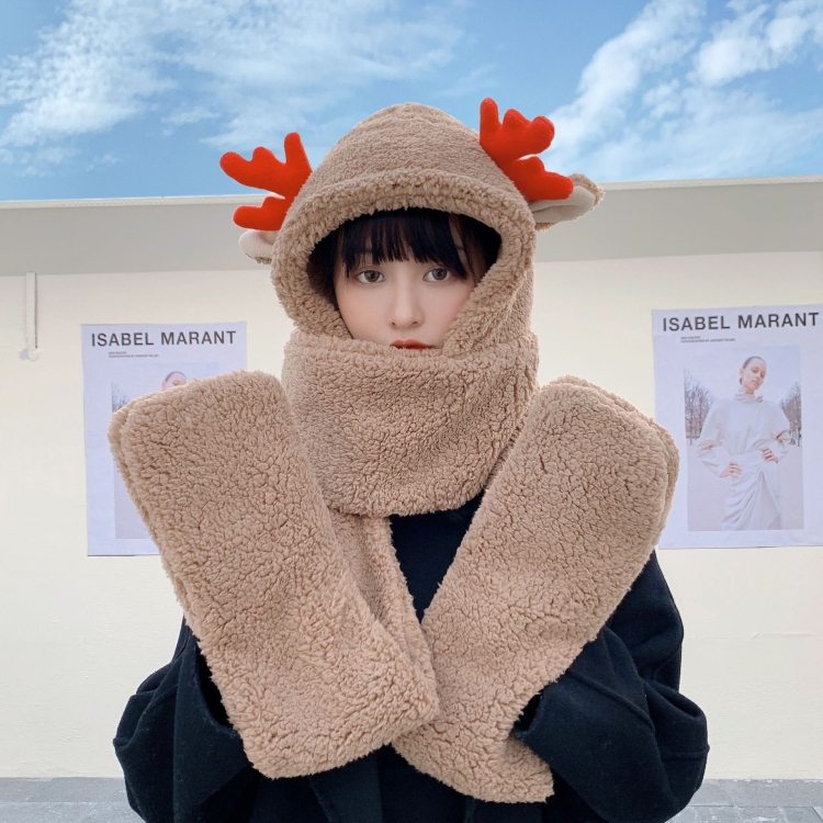 Winter Integrated Three-Purpose Christmas Antler Plush Gloves Hat Scarf For Female(Khaki)