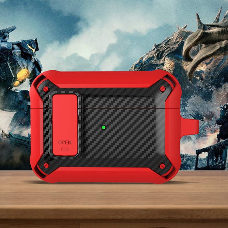 Wireless Earphones Shockproof Bumblebee Carbon Fiber Protective Case with Switch For AirPods Pro(Red Black)