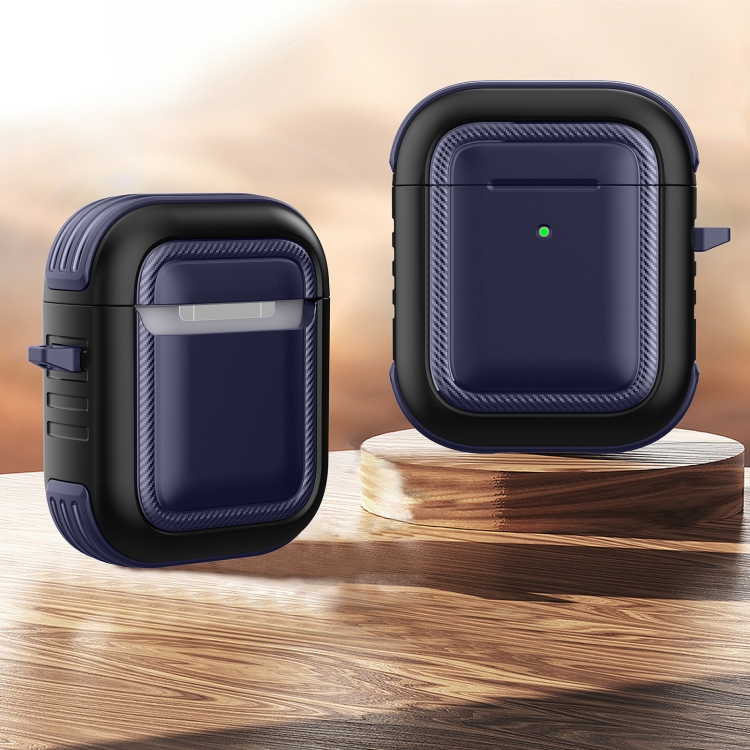Wireless Earphones Shockproof TPU + PC Protective Case with Carabiner For AirPods 1 / 2(Blue+Black)