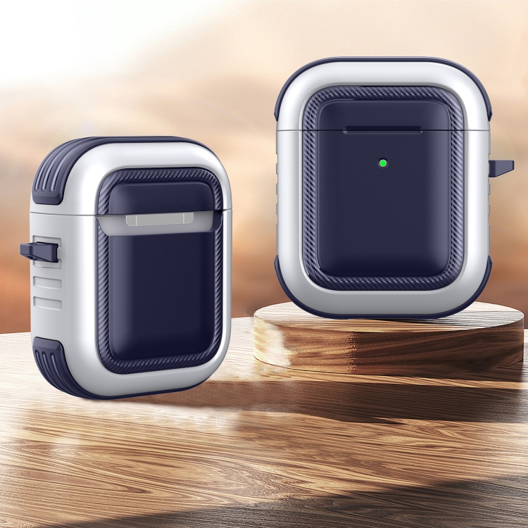 Wireless Earphones Shockproof TPU + PC Protective Case with Carabiner For AirPods 1 / 2(Blue+Silver)