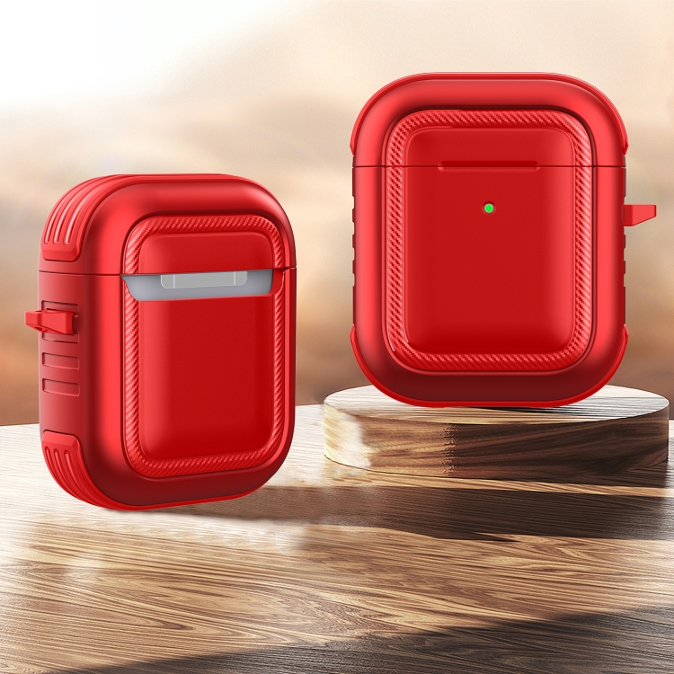 Wireless Earphones Shockproof TPU + PC Protective Case with Carabiner For AirPods 1 / 2(Red)