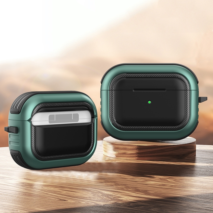Wireless Earphones Shockproof TPU + PC Protective Case with Carabiner For AirPods Pro(Black+Green)