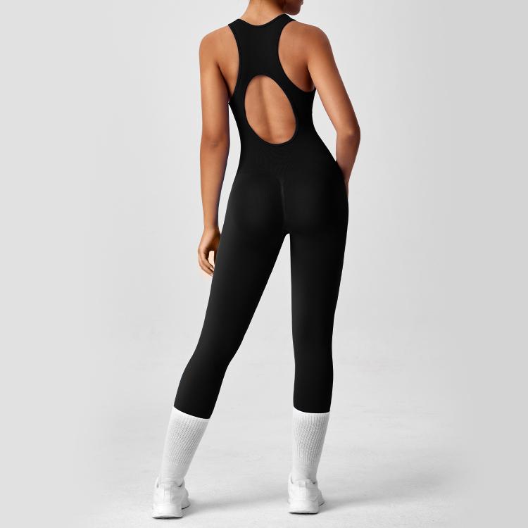 Women Backless Long Yoga Bodysuit with Front Zipper - Waist Cinching & Hip Lifting for Running, Fitness, Workout, Size: M(Black)