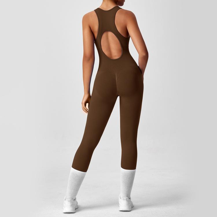 Women Backless Long Yoga Bodysuit with Front Zipper - Waist Cinching & Hip Lifting for Running, Fitness, Workout, Size: M(Coffee)