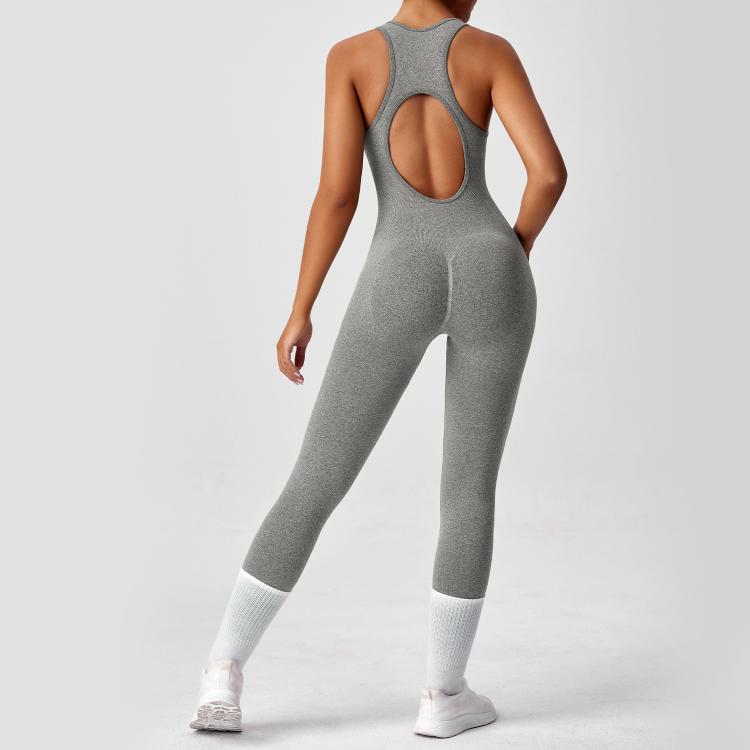 Women Backless Long Yoga Bodysuit with Front Zipper - Waist Cinching & Hip Lifting for Running, Fitness, Workout, Size: S(Gray)