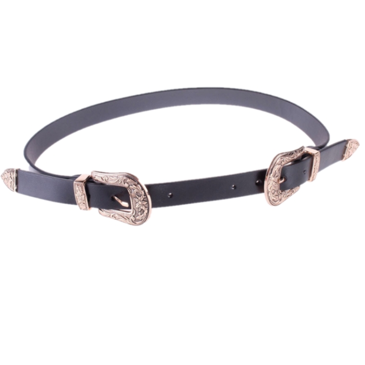 Women Black Leather Western Cowgirl Waist Metal Buckle Waistband New Hot Gold double buckle black bottom