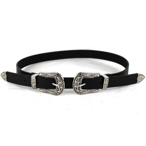 Women Black Leather Western Cowgirl Waist Metal Buckle Waistband New Hot Silver double buckle black bottom