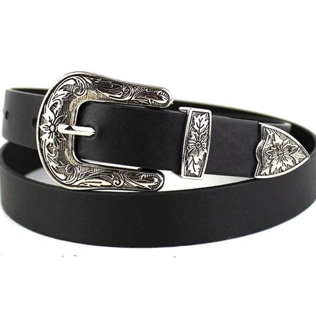 Women Black Leather Western Cowgirl Waist Metal Buckle Waistband New Hot Silver single button black bottom