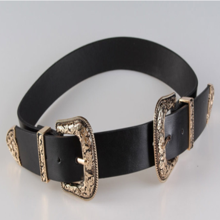 Women Black Leather Western Cowgirl Waist Metal Buckle Waistband New Hot Widened gold double buckle black bottom