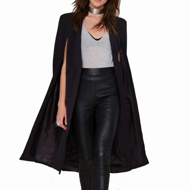 Women Casual Cape Unbuttoned Shawl Coat(Color:Black Size:XL)