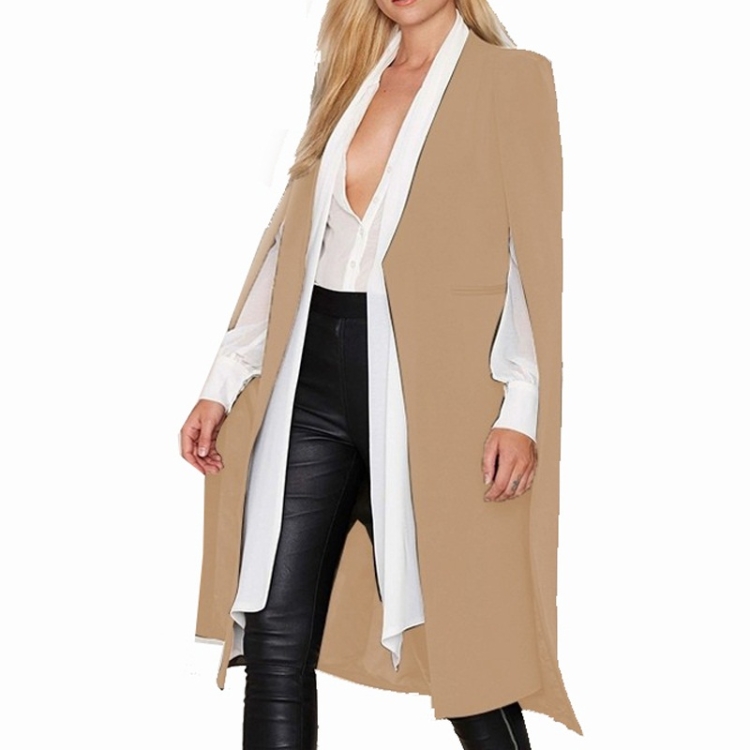 Women Casual Cape Unbuttoned Shawl Coat(Color:Khaki Size:XXL)