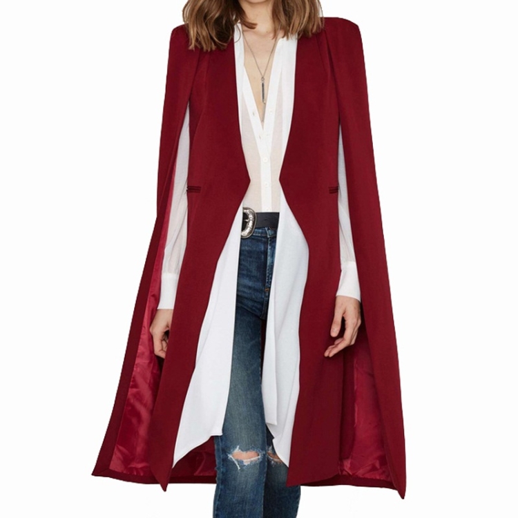 Women Casual Cape Unbuttoned Shawl Coat(Color:Red Size:XL)