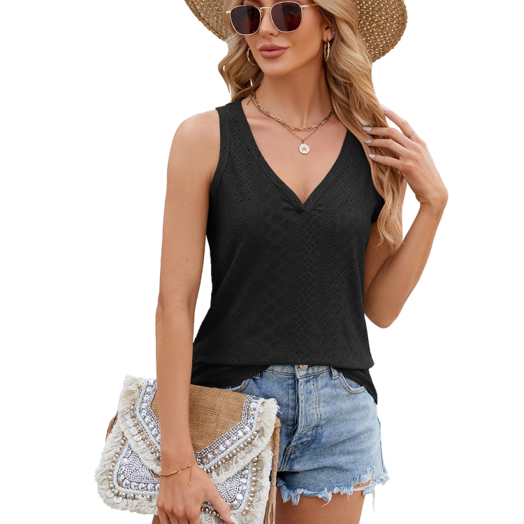 Women Eyelet Tank Tops Solid Color V-Neck Loose Fit Bottoming Vest T-Shirt, Size: XL(Black)