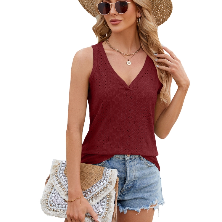 Women Eyelet Tank Tops Solid Color V-Neck Loose Fit Bottoming Vest T-Shirt, Size: XXL(Wine Red)