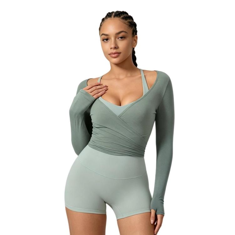 Women Long-Sleeve Slim-Fit Yoga Top, Quick-Dry Pilates Fitness Shirt Sports Cover-Up, Size: L(Green)