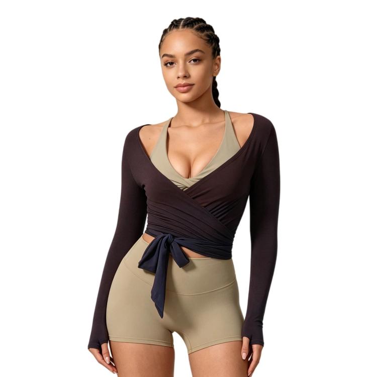Women Long-Sleeve Slim-Fit Yoga Top, Quick-Dry Pilates Fitness Shirt Sports Cover-Up, Size: M(Brown)