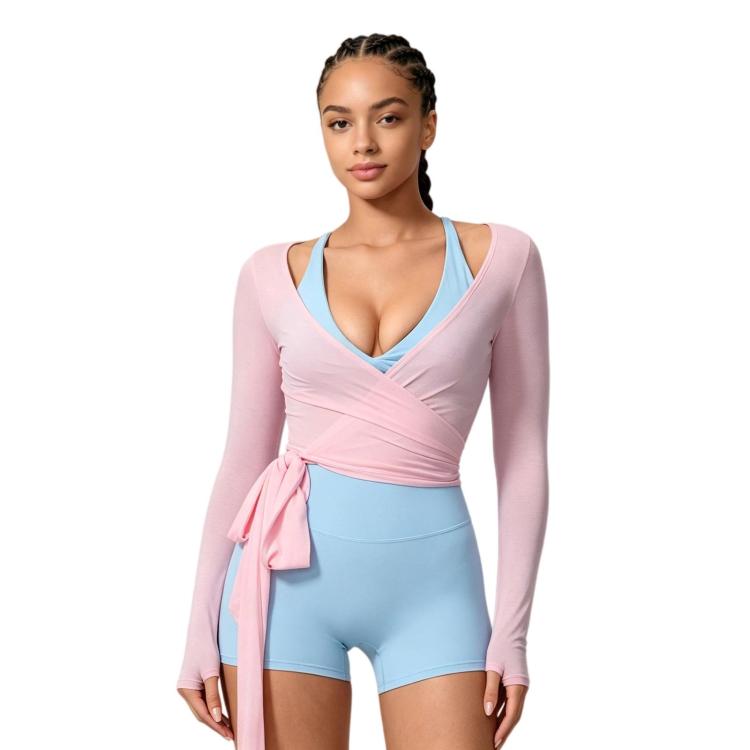Women Long-Sleeve Slim-Fit Yoga Top, Quick-Dry Pilates Fitness Shirt Sports Cover-Up, Size: S(Pink)