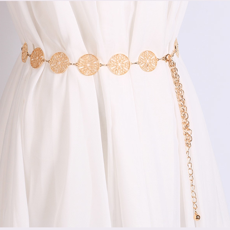 Women Metal Waist Chain Openwork Circle Decoration Waist-chain Lady Dress Belt, Length: 105cm(Gold)