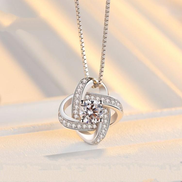Women Necklace Inlaid Diamonds Collarbone Chain Clover Pendant Temperament Silver Jewelry(White)
