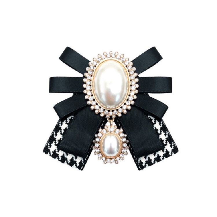 Women Pearl Bow-knot Bow Tie Cloth Brooch Clothing Accessories, Style:Pin Buckle Version(Black White)
