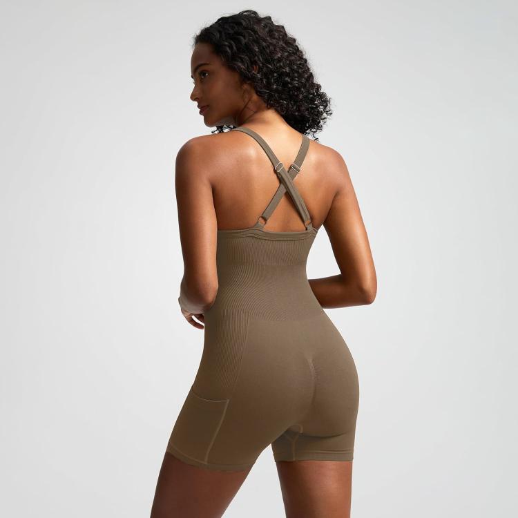Women Seamless Ribbed Yoga Jumpsuit Cropped Racerback Workout Bodysuit with Side Pocket, Size: L(Coffee)