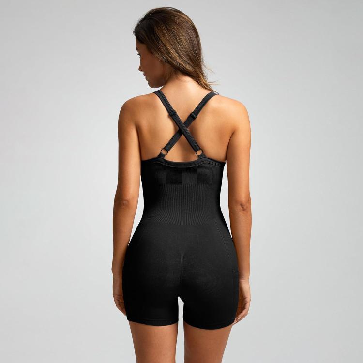 Women Seamless Ribbed Yoga Jumpsuit Cropped Racerback Workout Bodysuit with Side Pocket, Size: S(Black)
