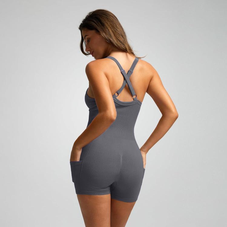 Women Seamless Ribbed Yoga Jumpsuit Cropped Racerback Workout Bodysuit with Side Pocket, Size: S(Deep Gray)