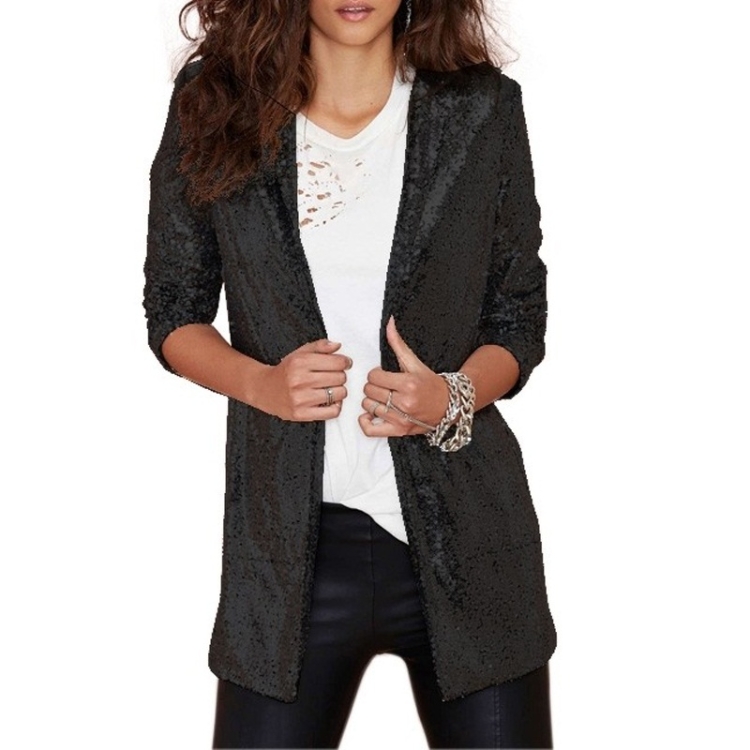 Women Sequined Suit Jacket Without Buckle Stage Clothing(Color:Black Size:XL)