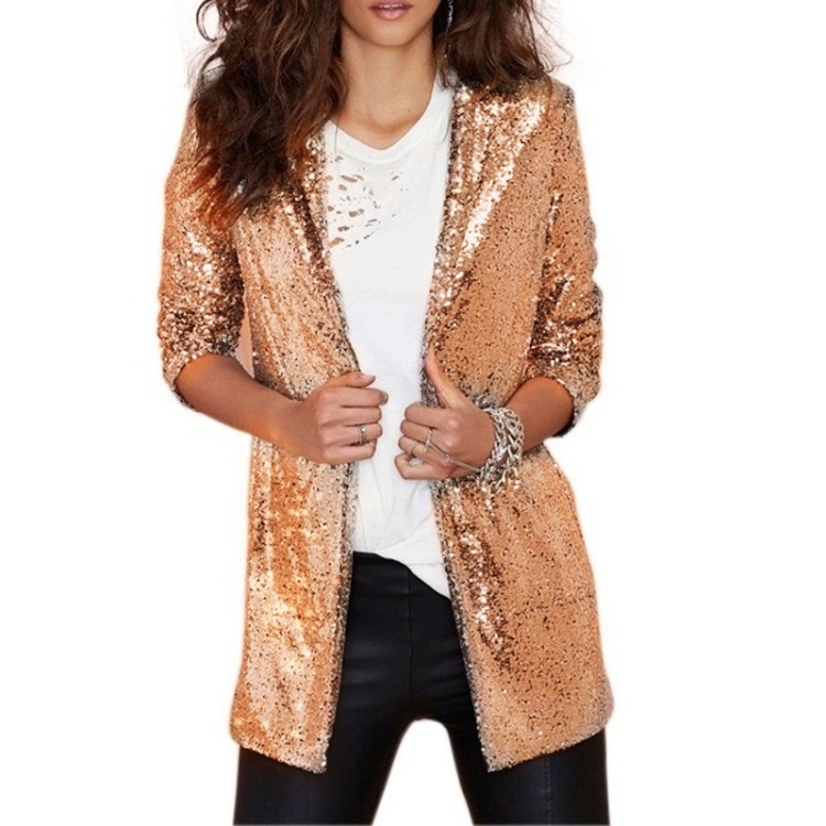 Women Sequined Suit Jacket Without Buckle Stage Clothing(Color:Gold Size:L)