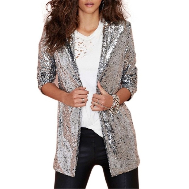 Women Sequined Suit Jacket Without Buckle Stage Clothing(Color:Silver Size:XL)