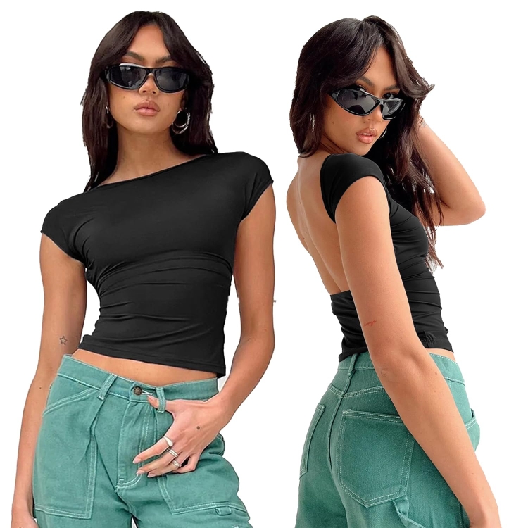 Women Sexy Backless Top Comfortable Breathable Slim Fit T-Shirt, Size: L(ESSO028 Black)