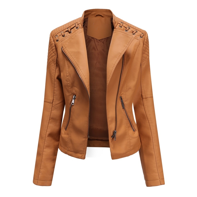 Women Short Leather Jacket Slim Jacket Motorcycle Suit, Size: L(Camel)