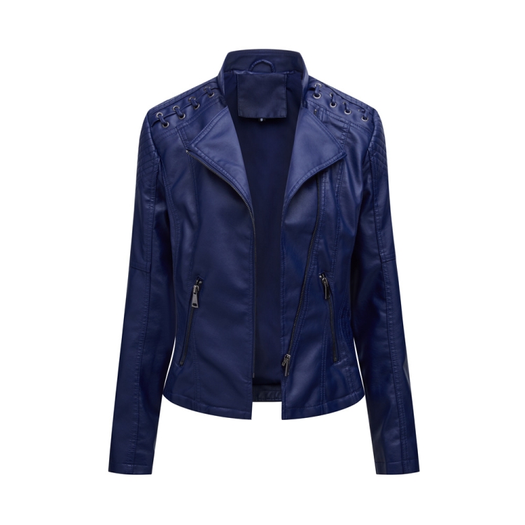 Women Short Leather Jacket Slim Jacket Motorcycle Suit, Size: L(Navy)