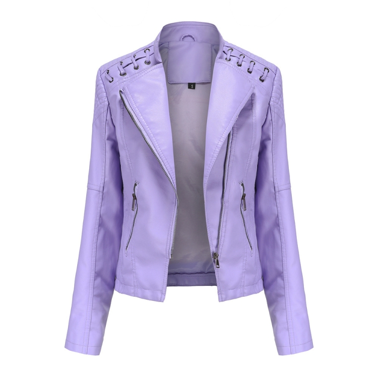 Women Short Leather Jacket Slim Jacket Motorcycle Suit, Size: L(Pale Lisianthus)