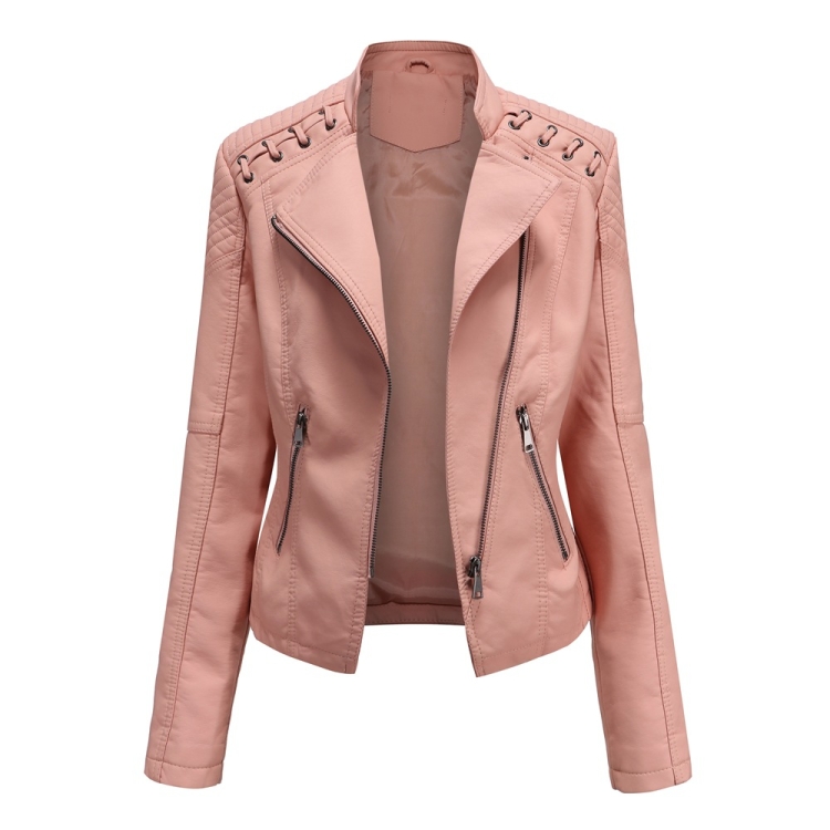 Women Short Leather Jacket Slim Jacket Motorcycle Suit, Size: L(Pink)