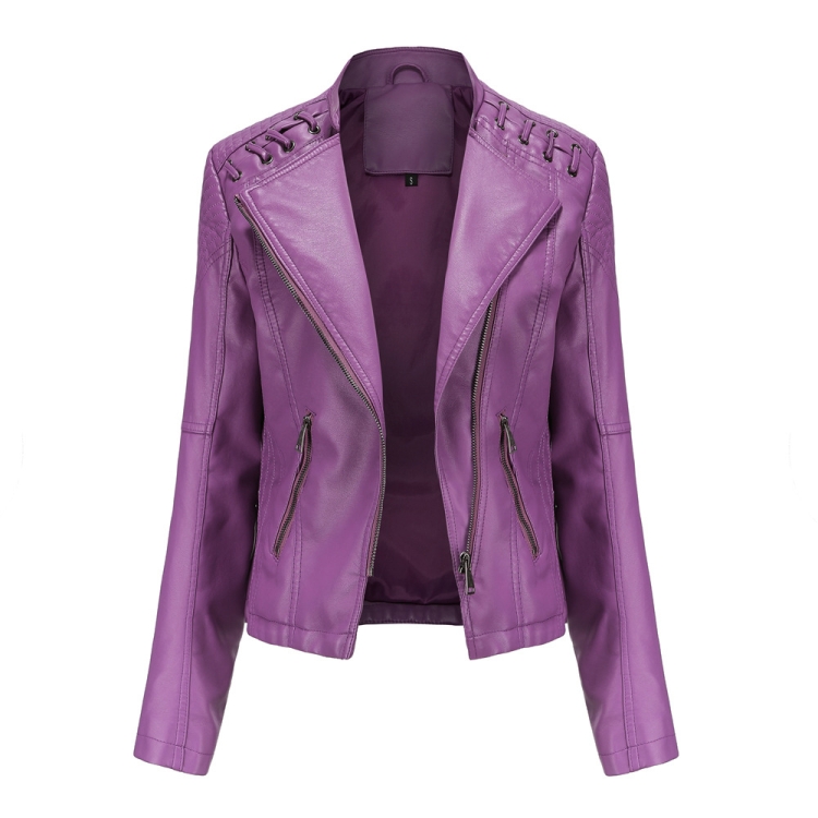 Women Short Leather Jacket Slim Jacket Motorcycle Suit, Size: L(Violet)