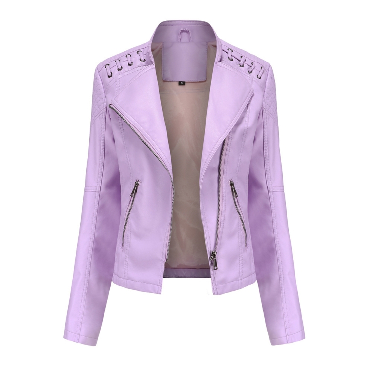 Women Short Leather Jacket Slim Jacket Motorcycle Suit, Size: M(Light Cherry Pink)