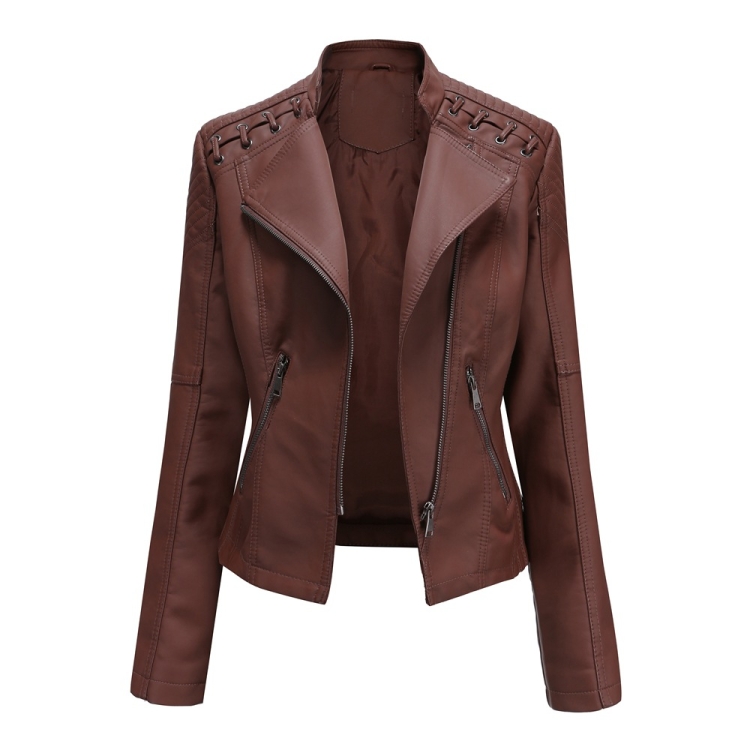 Women Short Leather Jacket Slim Jacket Motorcycle Suit, Size: S(Coffee)