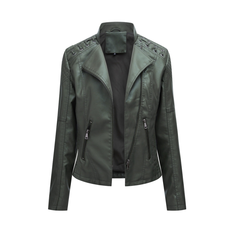 Women Short Leather Jacket Slim Jacket Motorcycle Suit, Size: S(Green)