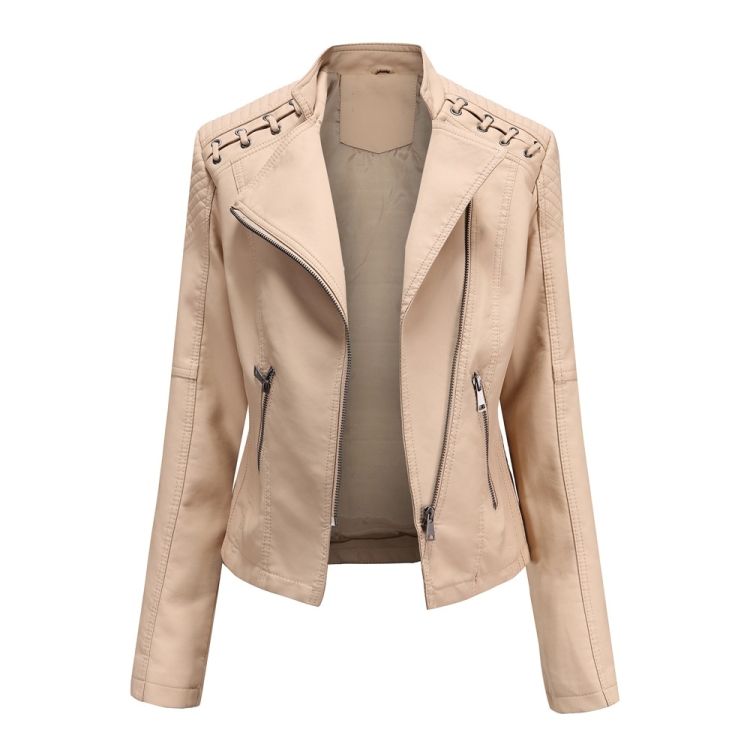 Women Short Leather Jacket Slim Jacket Motorcycle Suit, Size: XXXL(Khaki)