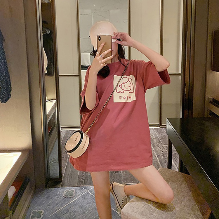 Women Short Sleeve Mid-Length Student Round Neck Loose Girl T-Shirt, Size: L(Pink)
