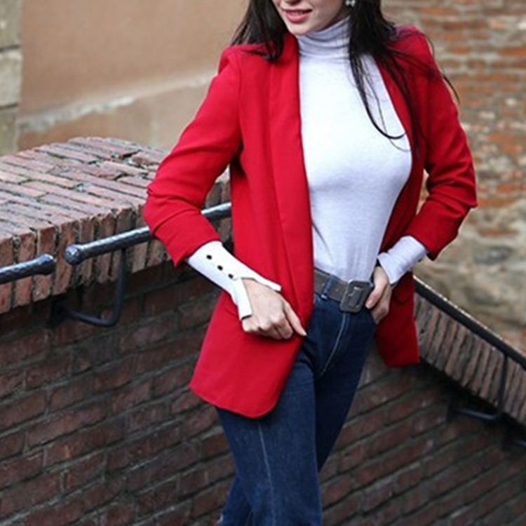 Women Solid Color Buckleless Slim Casual Suit (Color:Red Size:S)