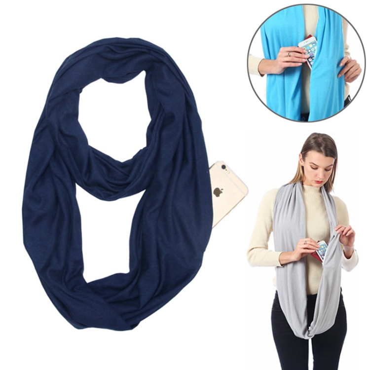 Women Solid Winter Infinity Scarf Pocket Loop Zipper Pocket Scarves (Navy Blue)