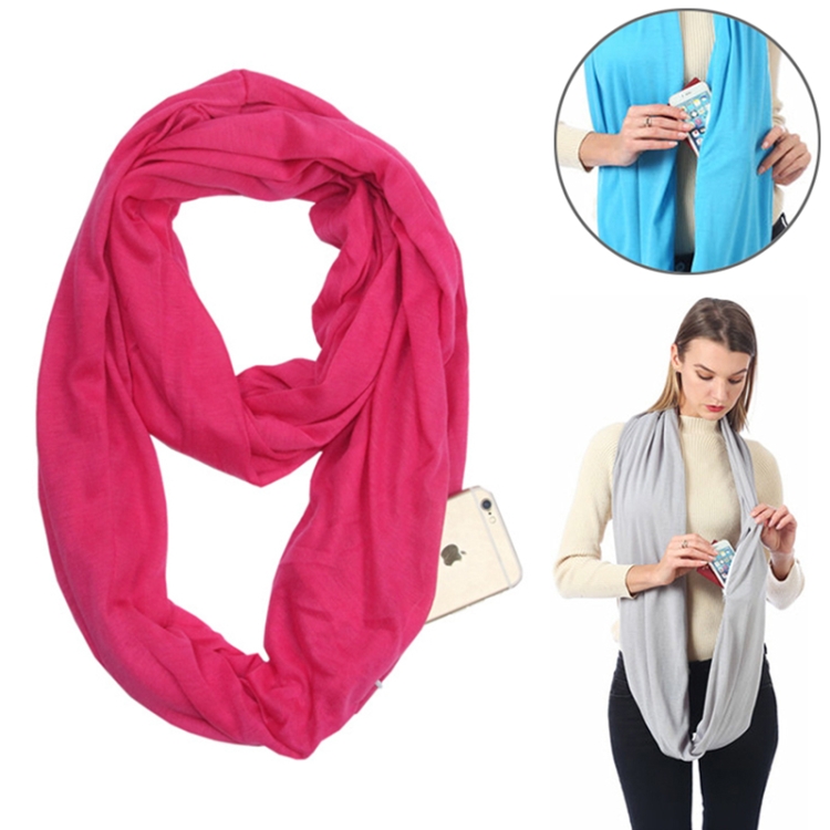 Women Solid Winter Infinity Scarf Pocket Loop Zipper Pocket Scarves (Rose Red)