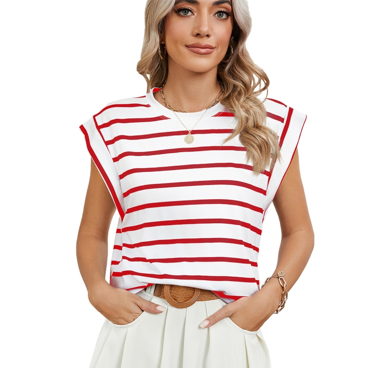 Women Stripe Style Summer Loose Top Basic T-Shirt Round Neck Casual Tank, Size: L(Red)