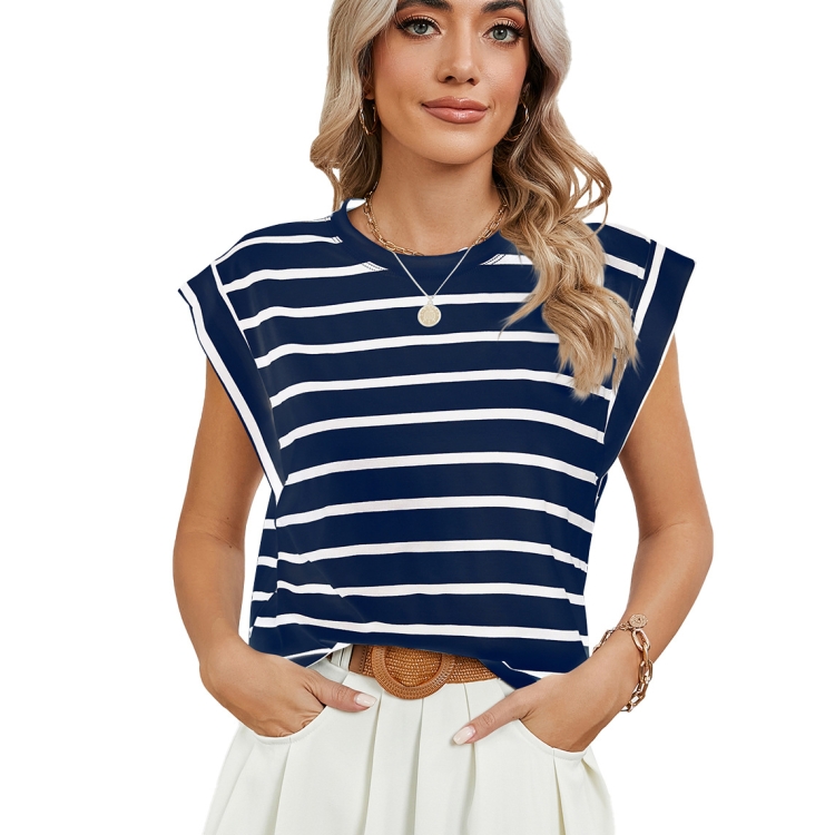 Women Stripe Style Summer Loose Top Basic T-Shirt Round Neck Casual Tank, Size: L(Tibetan)