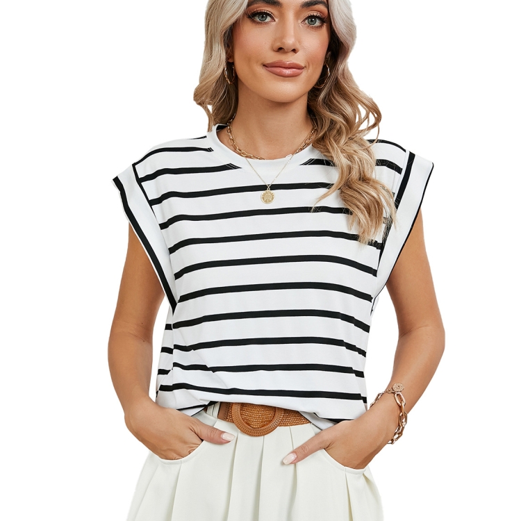 Women Stripe Style Summer Loose Top Basic T-Shirt Round Neck Casual Tank, Size: M(White)